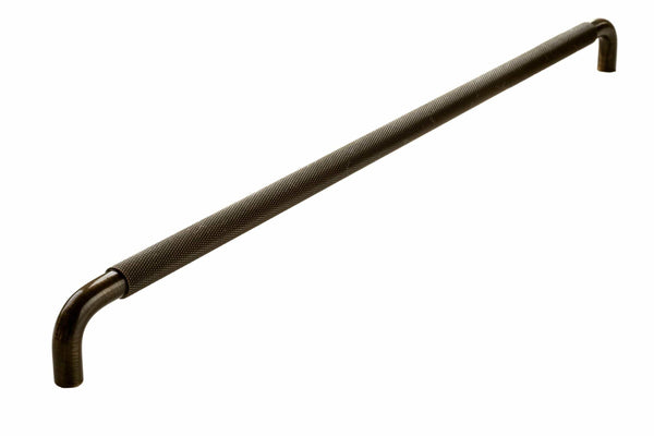 Arc Antique Brass curved knurled handle 400mm. Suitable for kitchen cupboards and wardrobes.