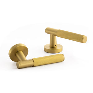 Boston Door Handle in Satin Brass with full locking system and Keyhole Escutcheon Plate